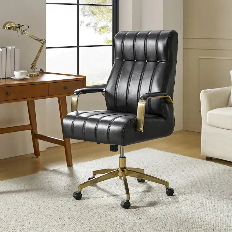 Chaise de bureau pivotante et inclinable en cuir végétalien, style moderne du milieu du siècle, capitonnée à canaux, avec pieds en métal