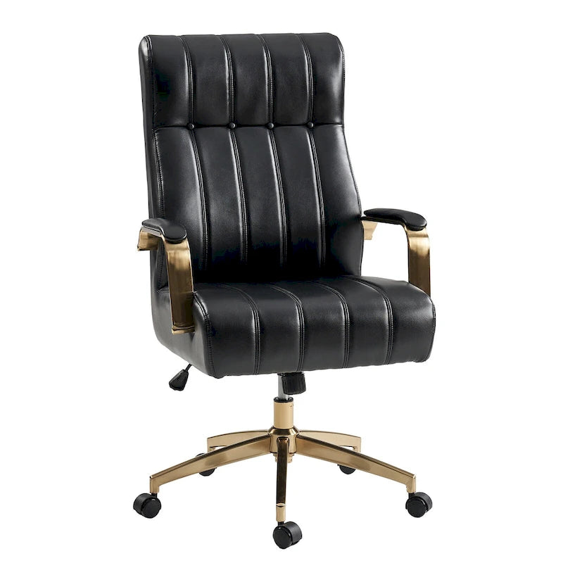 Chaise de bureau pivotante et inclinable en cuir végétalien, style moderne du milieu du siècle, capitonnée à canaux, avec pieds en métal
