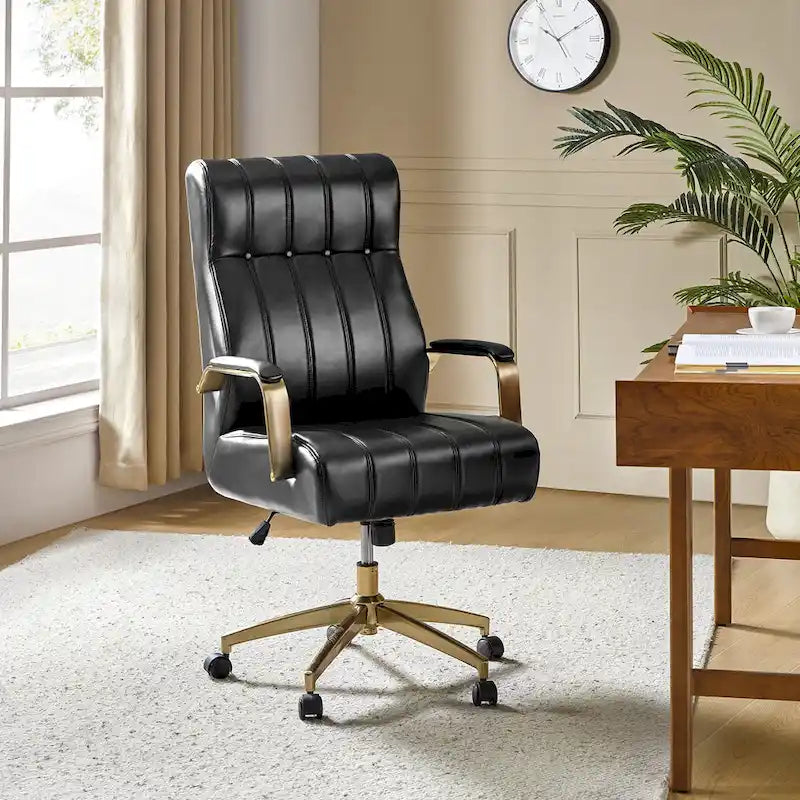 Chaise de bureau pivotante et inclinable en cuir végétalien, style moderne du milieu du siècle, capitonnée à canaux, avec pieds en métal