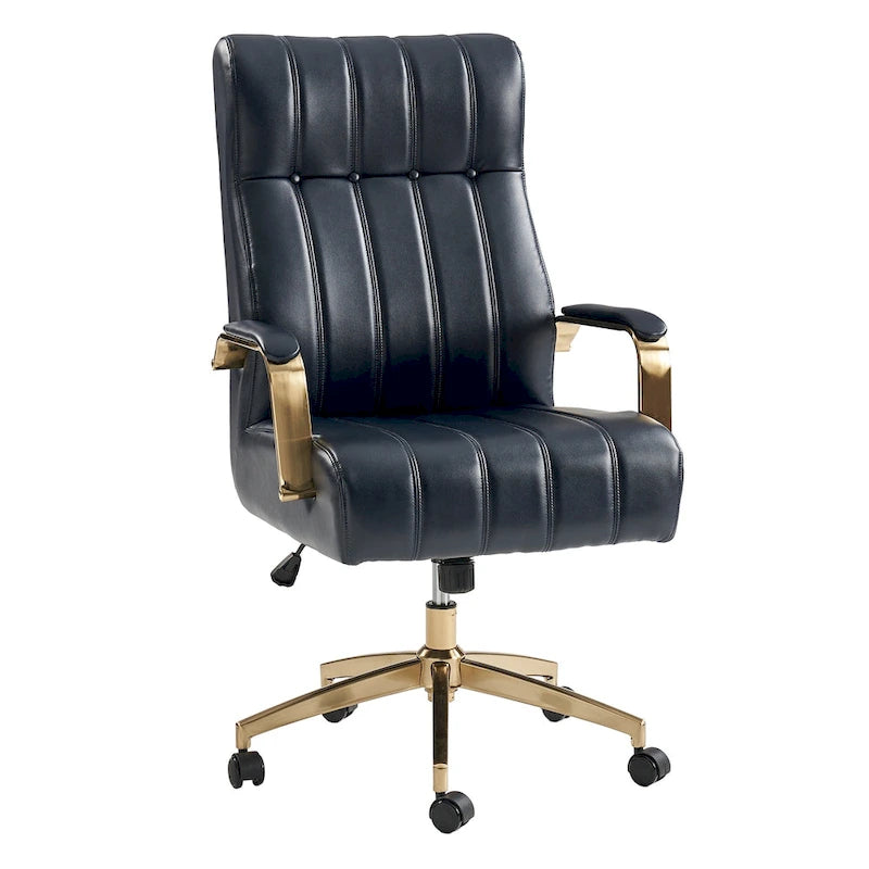 Chaise de bureau pivotante et inclinable en cuir végétalien, style moderne du milieu du siècle, capitonnée à canaux, avec pieds en métal