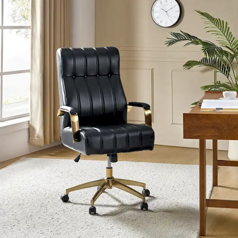 Chaise de bureau pivotante et inclinable en cuir végétalien, style moderne du milieu du siècle, capitonnée à canaux, avec pieds en métal
