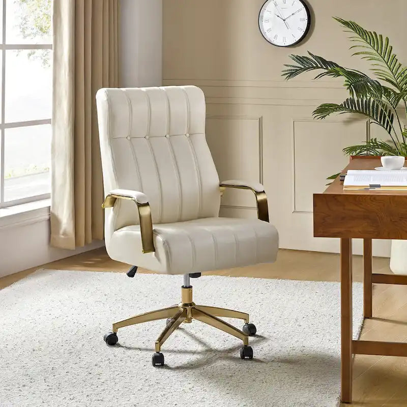 Chaise de bureau pivotante et inclinable en cuir végétalien, style moderne du milieu du siècle, capitonnée à canaux, avec pieds en métal