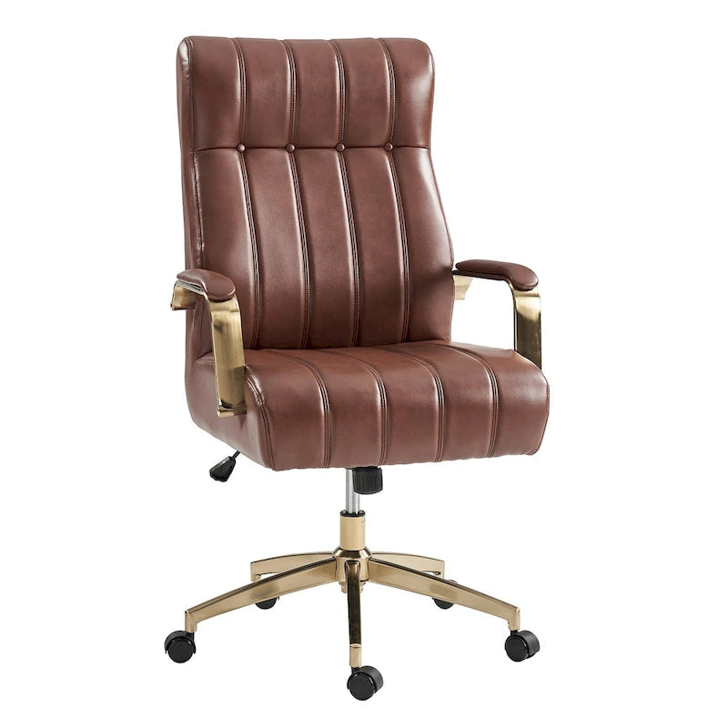 Chaise de bureau pivotante et inclinable en cuir végétalien, style moderne du milieu du siècle, capitonnée à canaux, avec pieds en métal