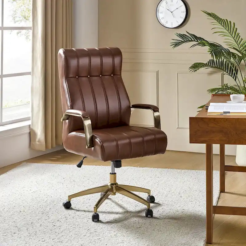 Chaise de bureau pivotante et inclinable en cuir végétalien, style moderne du milieu du siècle, capitonnée à canaux, avec pieds en métal