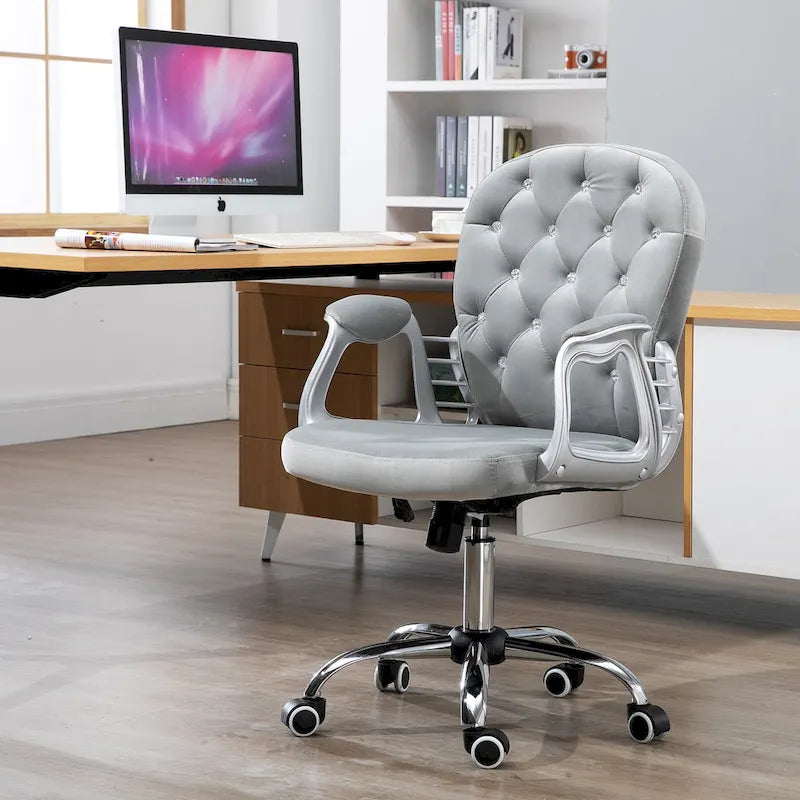 Silla de oficina con respaldo medio para tocador, respaldo capitoné, giratoria, con ruedas, reposabrazos ajustables en altura