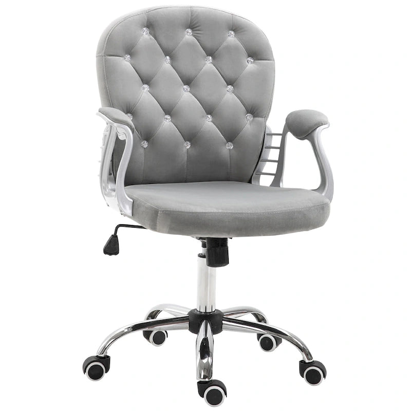 Silla de oficina con respaldo medio para tocador, respaldo capitoné, giratoria, con ruedas, reposabrazos ajustables en altura