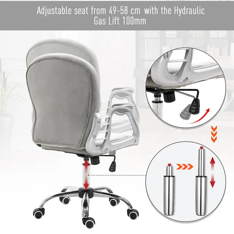 Silla de oficina con respaldo medio para tocador, respaldo capitoné, giratoria, con ruedas, reposabrazos ajustables en altura