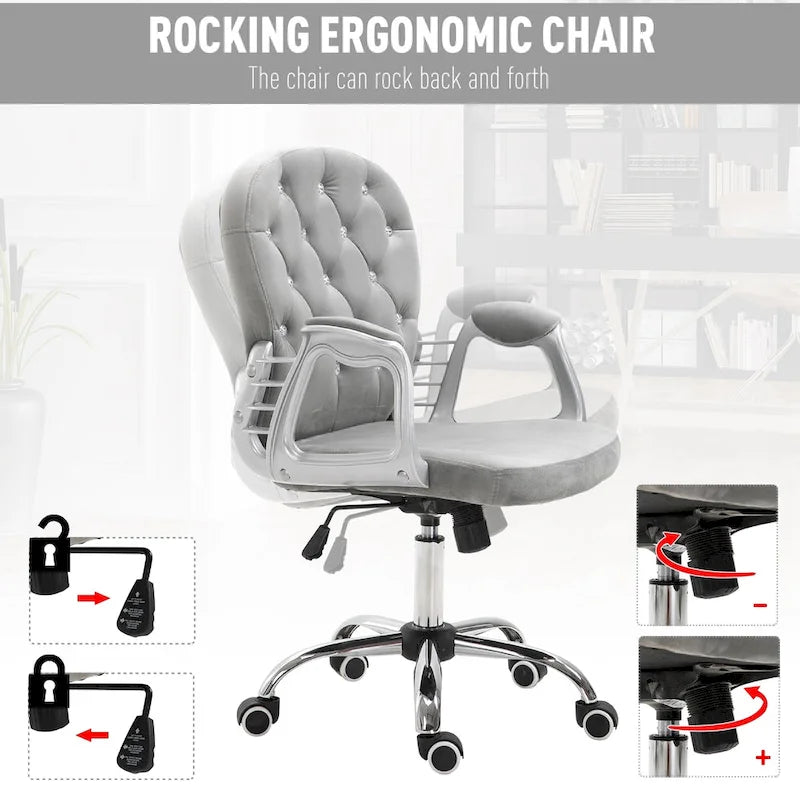 Silla de oficina con respaldo medio para tocador, respaldo capitoné, giratoria, con ruedas, reposabrazos ajustables en altura