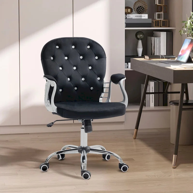 Silla de oficina con respaldo medio para tocador, respaldo capitoné, giratoria, con ruedas, reposabrazos ajustables en altura