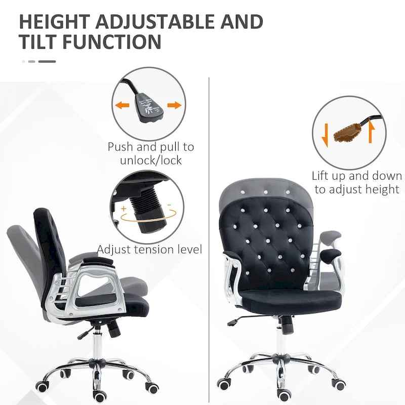 Silla de oficina con respaldo medio para tocador, respaldo capitoné, giratoria, con ruedas, reposabrazos ajustables en altura
