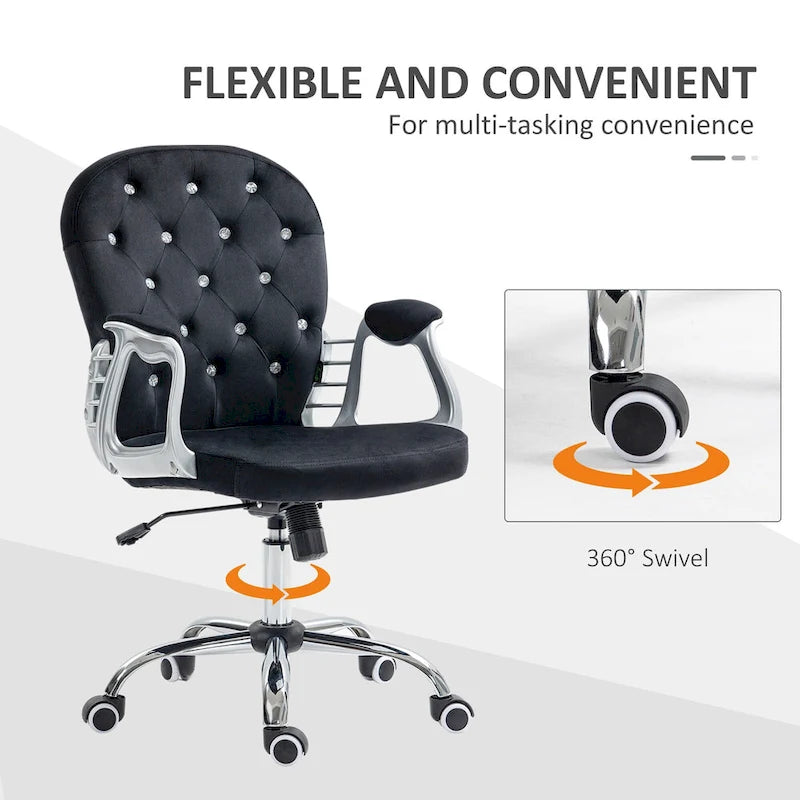 Silla de oficina con respaldo medio para tocador, respaldo capitoné, giratoria, con ruedas, reposabrazos ajustables en altura