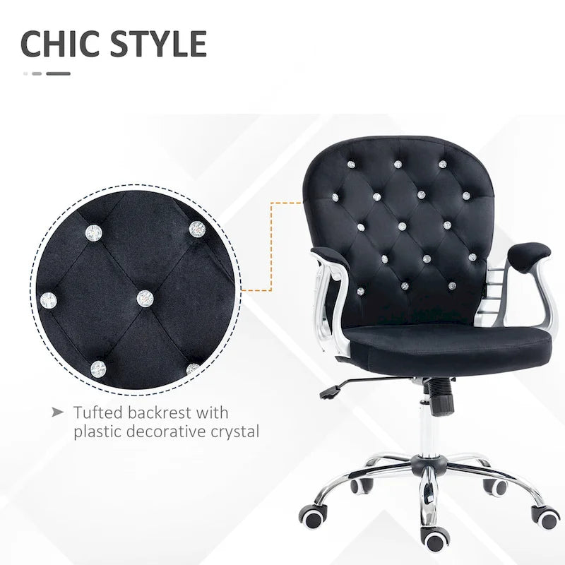 Silla de oficina con respaldo medio para tocador, respaldo capitoné, giratoria, con ruedas, reposabrazos ajustables en altura