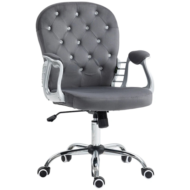 Silla de oficina con respaldo medio para tocador, respaldo capitoné, giratoria, con ruedas, reposabrazos ajustables en altura