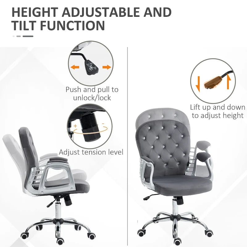 Silla de oficina con respaldo medio para tocador, respaldo capitoné, giratoria, con ruedas, reposabrazos ajustables en altura