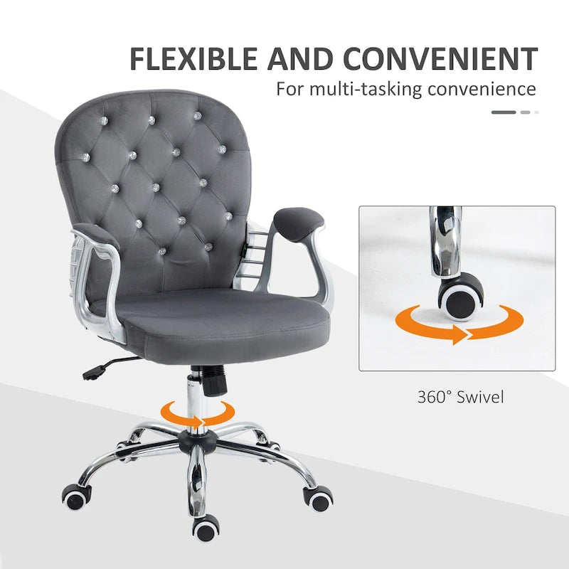 Silla de oficina con respaldo medio para tocador, respaldo capitoné, giratoria, con ruedas, reposabrazos ajustables en altura