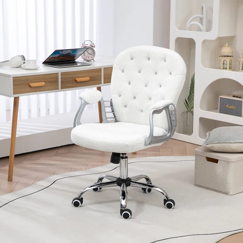 Silla de oficina con respaldo medio para tocador, respaldo capitoné, giratoria, con ruedas, reposabrazos ajustables en altura