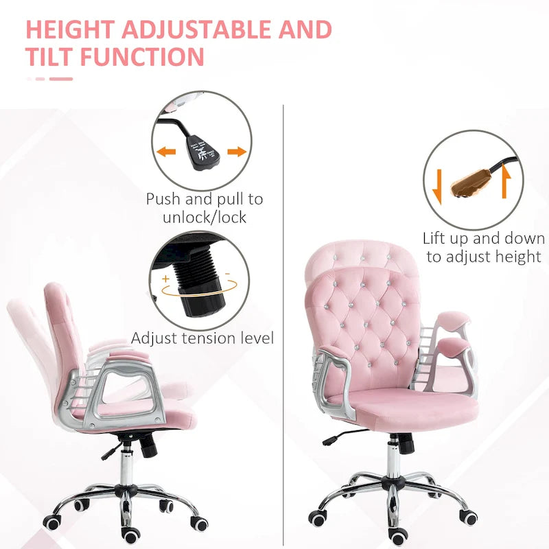 Silla de oficina con respaldo medio para tocador, respaldo capitoné, giratoria, con ruedas, reposabrazos ajustables en altura