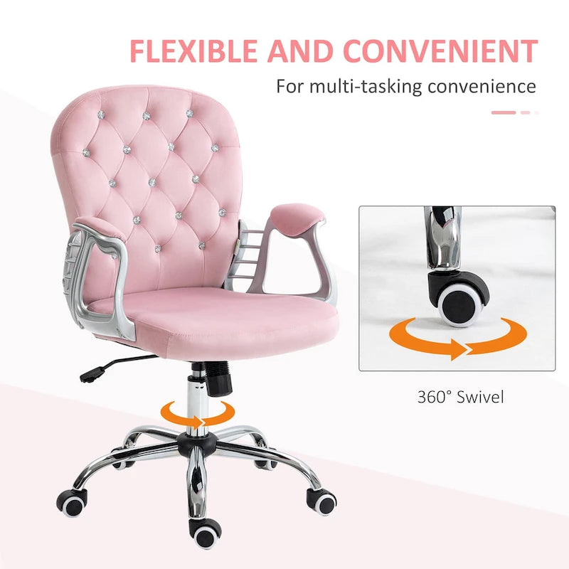 Silla de oficina con respaldo medio para tocador, respaldo capitoné, giratoria, con ruedas, reposabrazos ajustables en altura