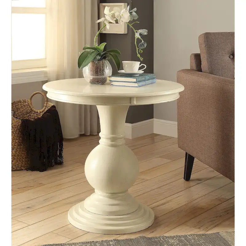 Table à piédestal ronde en bois, blanc antique