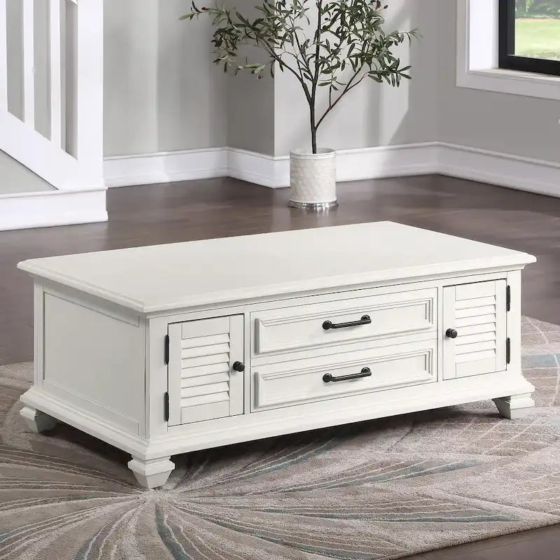 Mesa de centro moderna estilo granja en blanco suave con tablero elevable