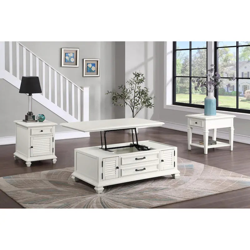 Mesa de centro moderna estilo granja en blanco suave con tablero elevable