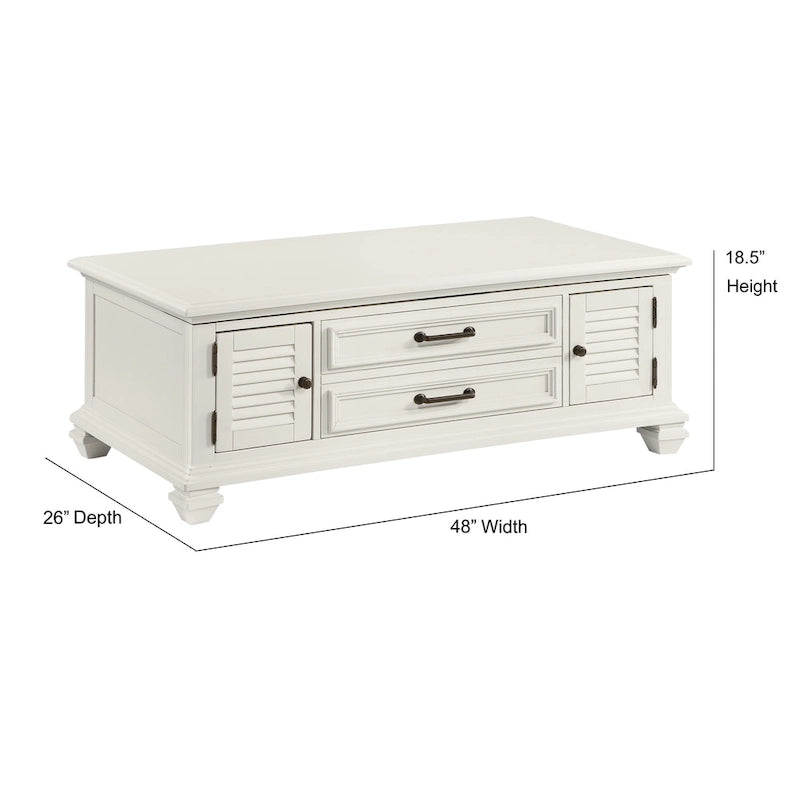 Mesa de centro moderna estilo granja en blanco suave con tablero elevable