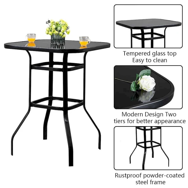 Table de bar haute de patio en fer forgé et verre, 31.5W x 40H