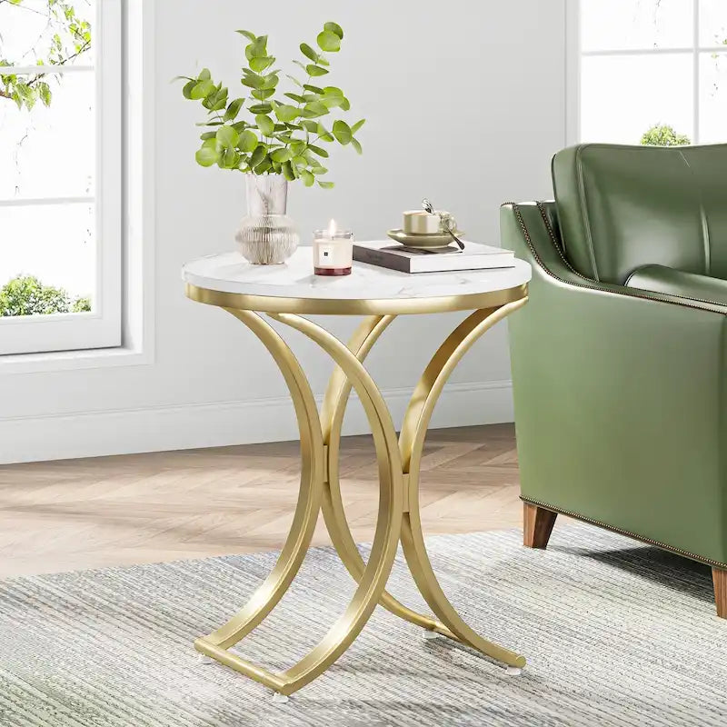Table d’appoint ronde blanc et or, petite table basse moderne, table d’appoint en C