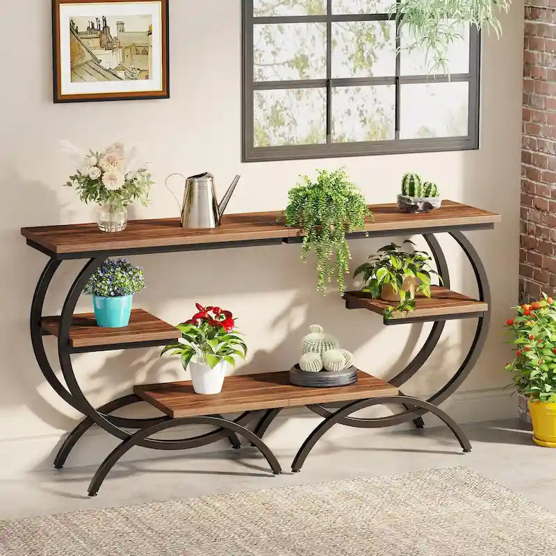 Table d’appoint en C de style industriel à 3 niveaux, table de chevet en bois