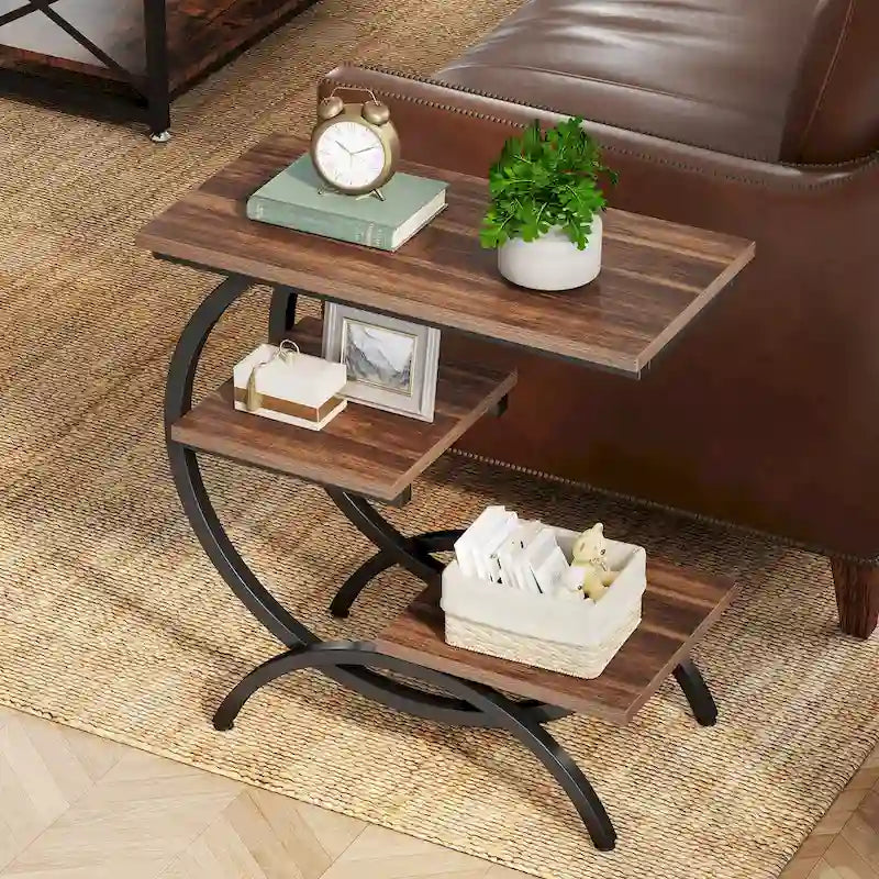 Table d’appoint en C de style industriel à 3 niveaux, table de chevet en bois