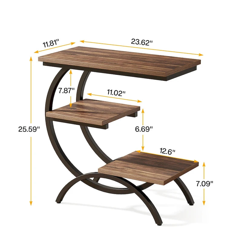 Mesa auxiliar en forma de C, mesa lateral industrial de 3 niveles, mesita de noche de madera