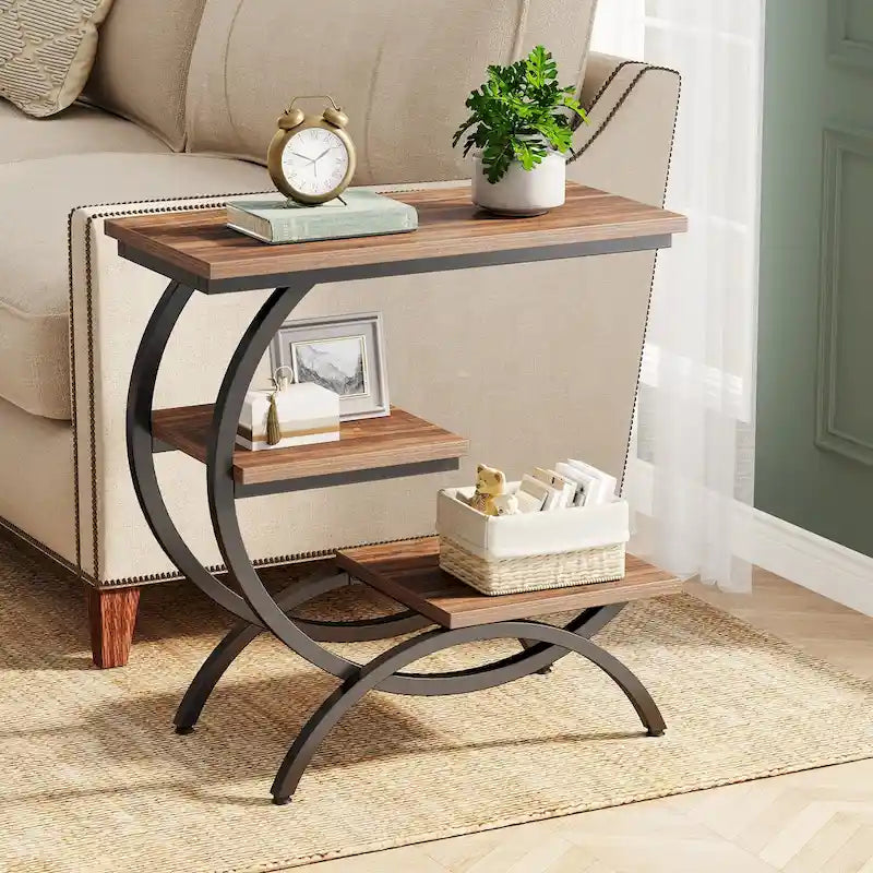 Table d’appoint en C de style industriel à 3 niveaux, table de chevet en bois