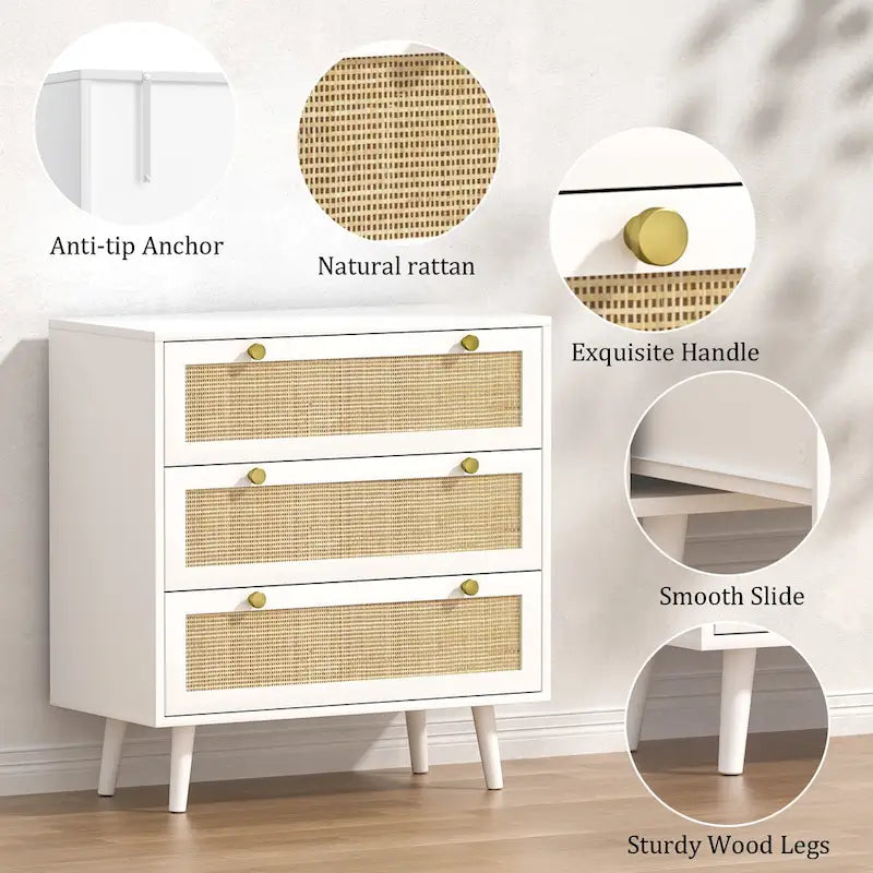 Weiße Kommode im Mid-Century-Modern-Stil mit 3 Schubladen, Rattankommode und Aufbewahrungsmöbel fürs Schlafzimmer