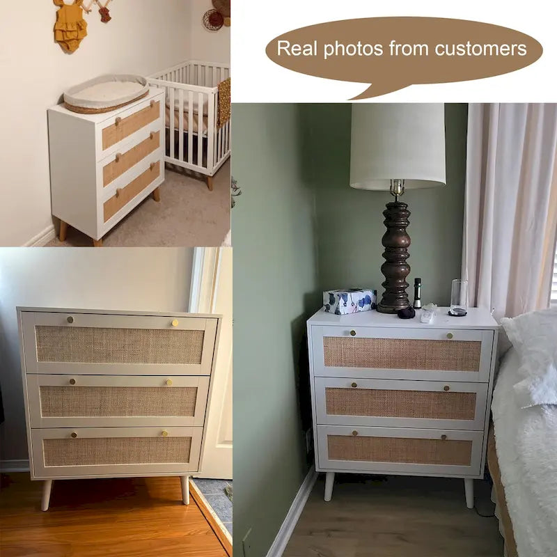 Weiße Kommode im Mid-Century-Modern-Stil mit 3 Schubladen, Rattankommode und Aufbewahrungsmöbel fürs Schlafzimmer