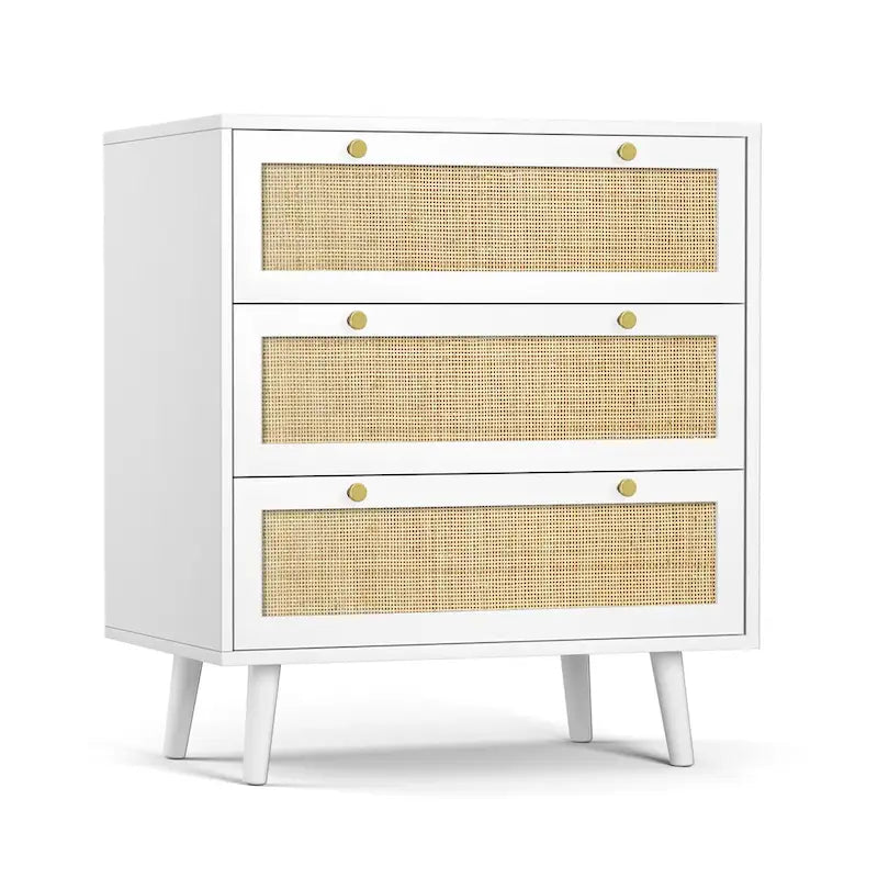Weiße Kommode im Mid-Century-Modern-Stil mit 3 Schubladen, Rattankommode und Aufbewahrungsmöbel fürs Schlafzimmer