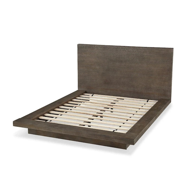 Cama con plataforma de madera de pino, base de zócalo y acabado marrón desgastado