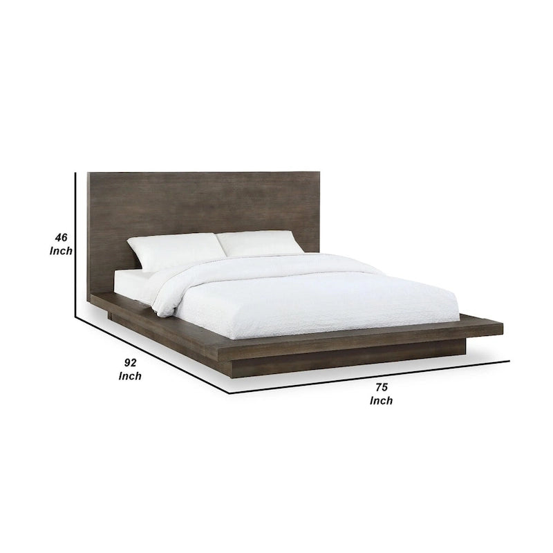 Cama con plataforma de madera de pino, base de zócalo y acabado marrón desgastado