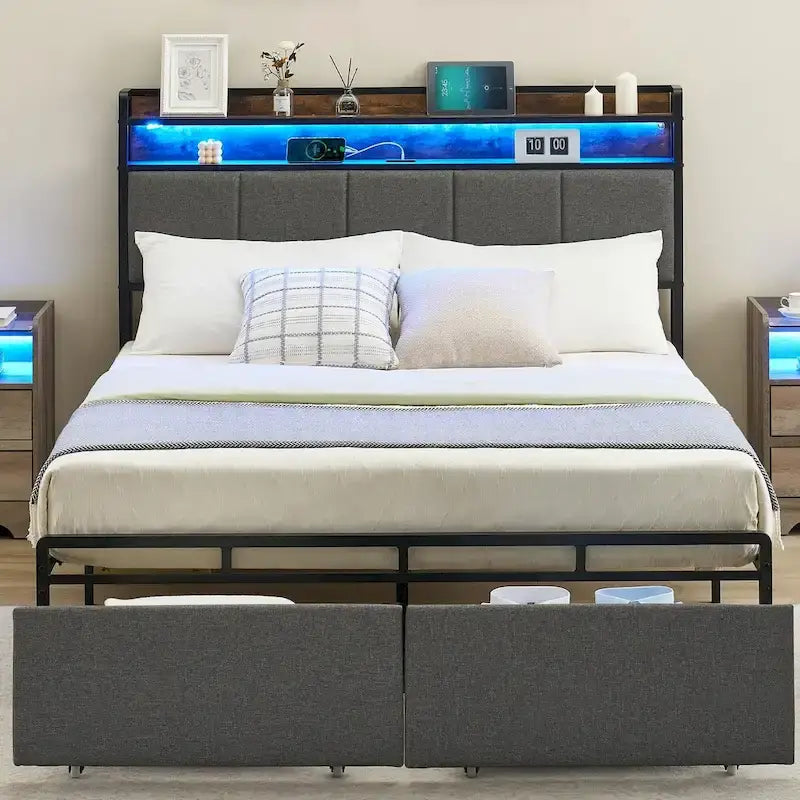Estructura de cama con cabecero de almacenamiento de 2 niveles
