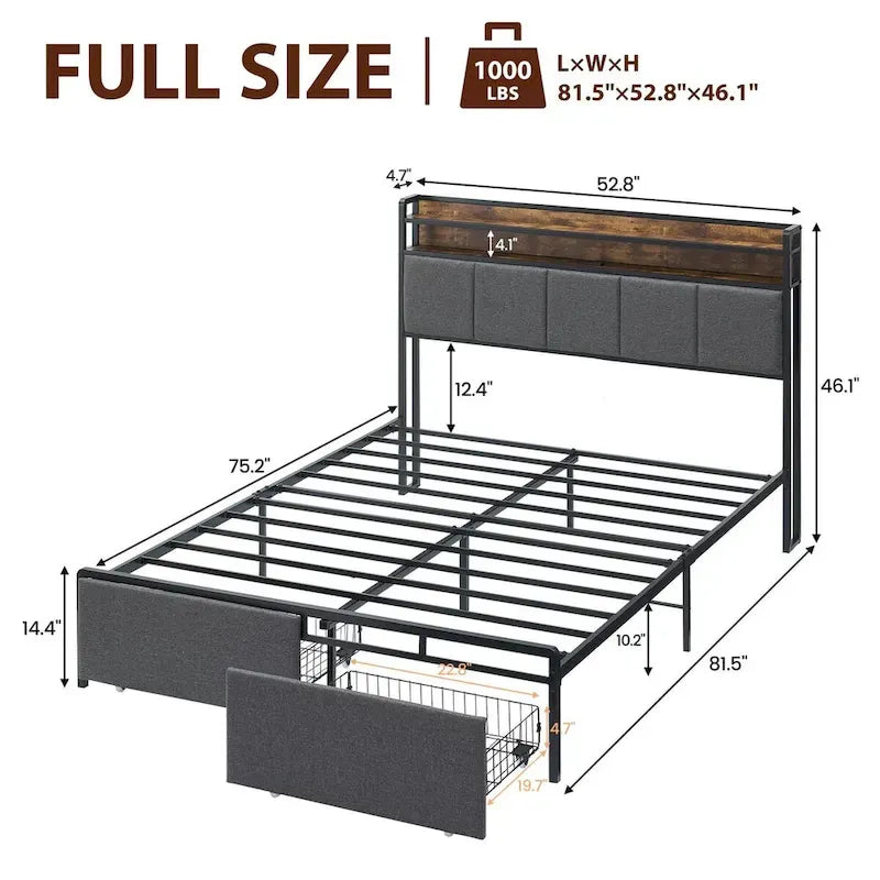 Estructura de cama con cabecero de almacenamiento de 2 niveles