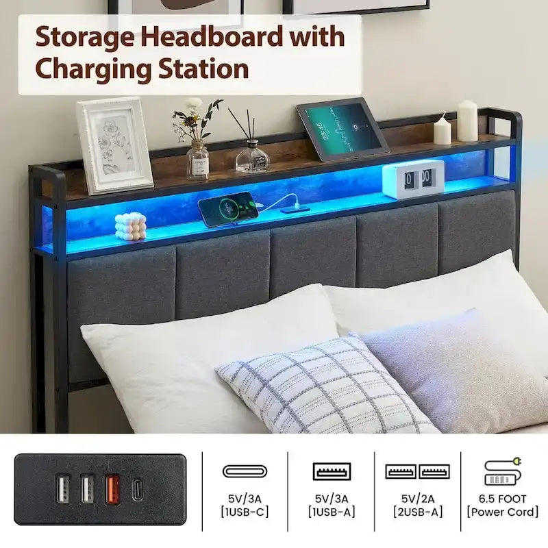 Estructura de cama con cabecero de almacenamiento de 2 niveles