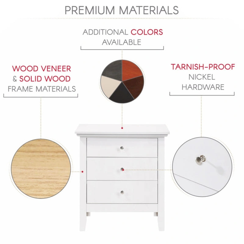 Table de chevet en bois blanc à 3 tiroirs, meuble de rangement pour la chambre