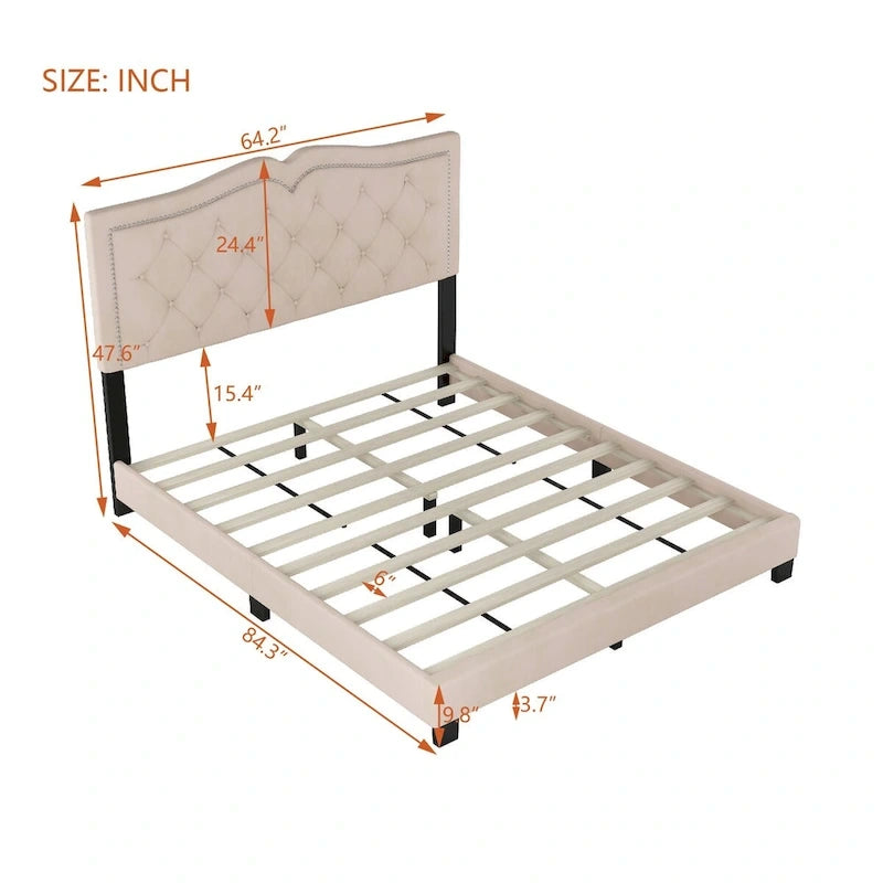 Cama con plataforma tapizada en terciopelo y cabecera capitoné