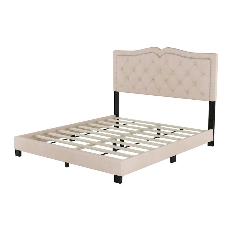 Cama con plataforma tapizada en terciopelo y cabecera capitoné