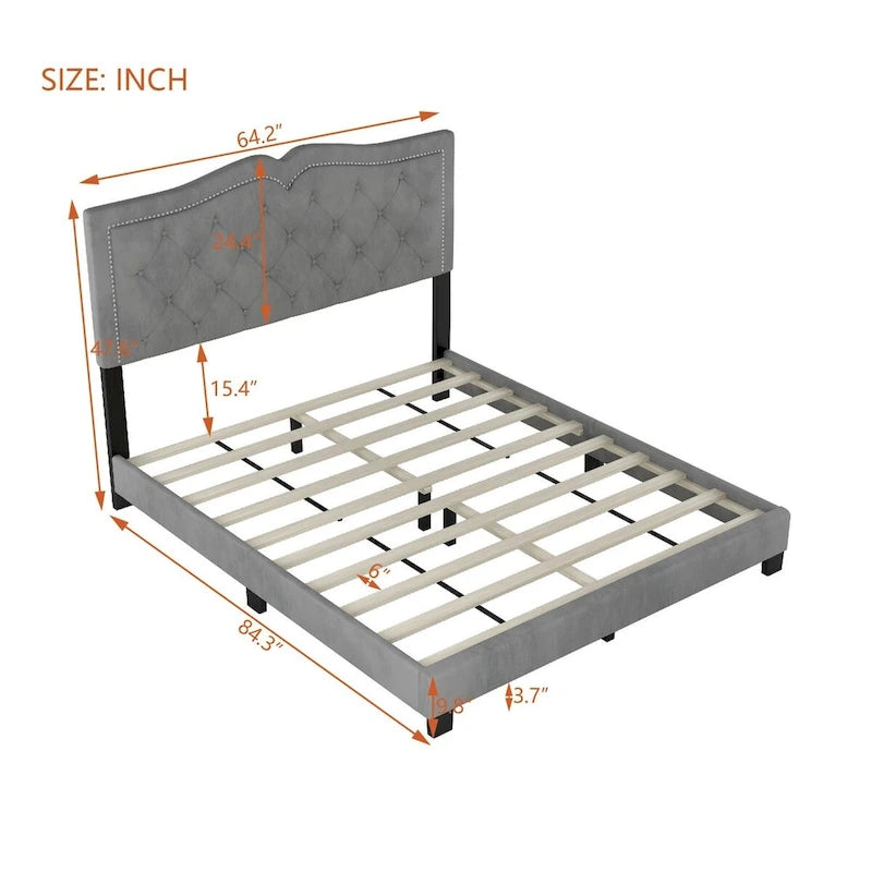 Cama con plataforma tapizada en terciopelo y cabecera capitoné