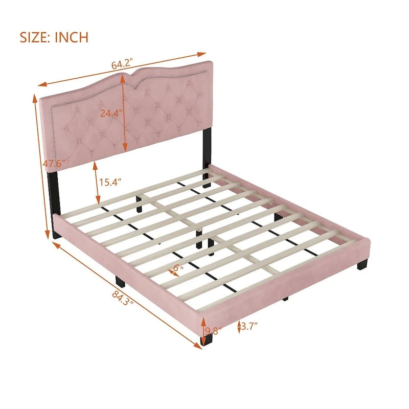 Cama con plataforma tapizada en terciopelo y cabecera capitoné