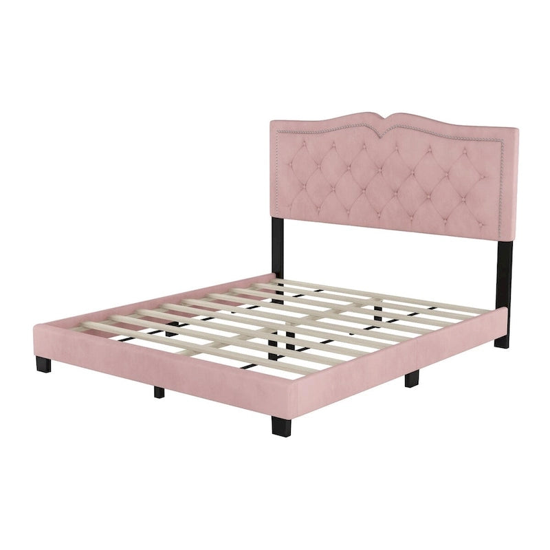 Cama con plataforma tapizada en terciopelo y cabecera capitoné