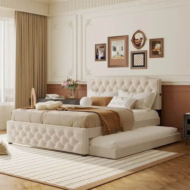 Cama con plataforma, cama nido y 2 puertos USB a cada lado