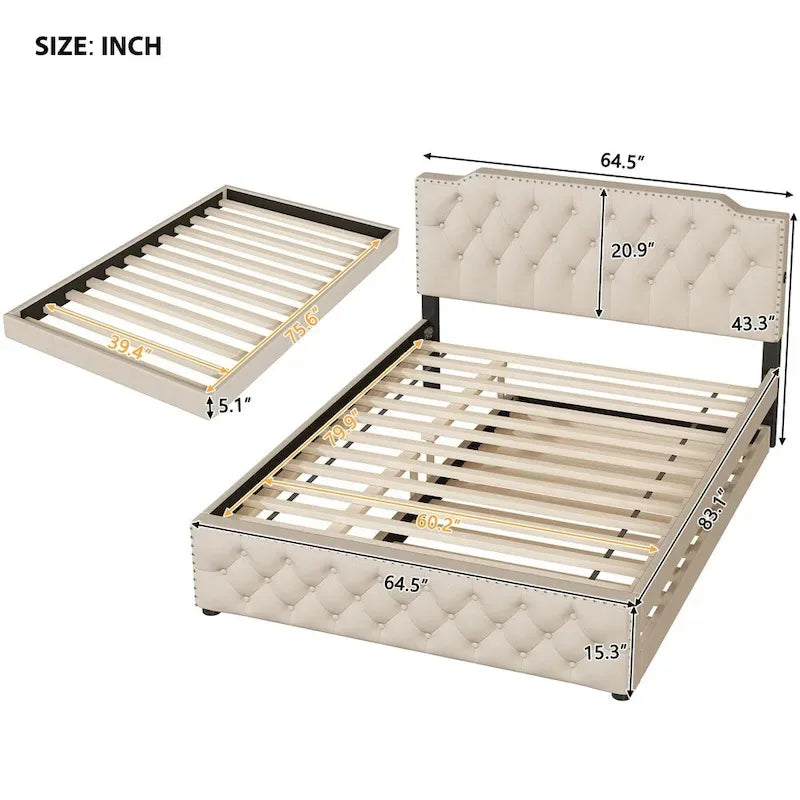 Cama con plataforma, cama nido y 2 puertos USB a cada lado