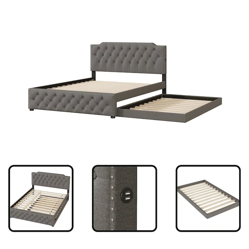 Cama con plataforma, cama nido y 2 puertos USB a cada lado