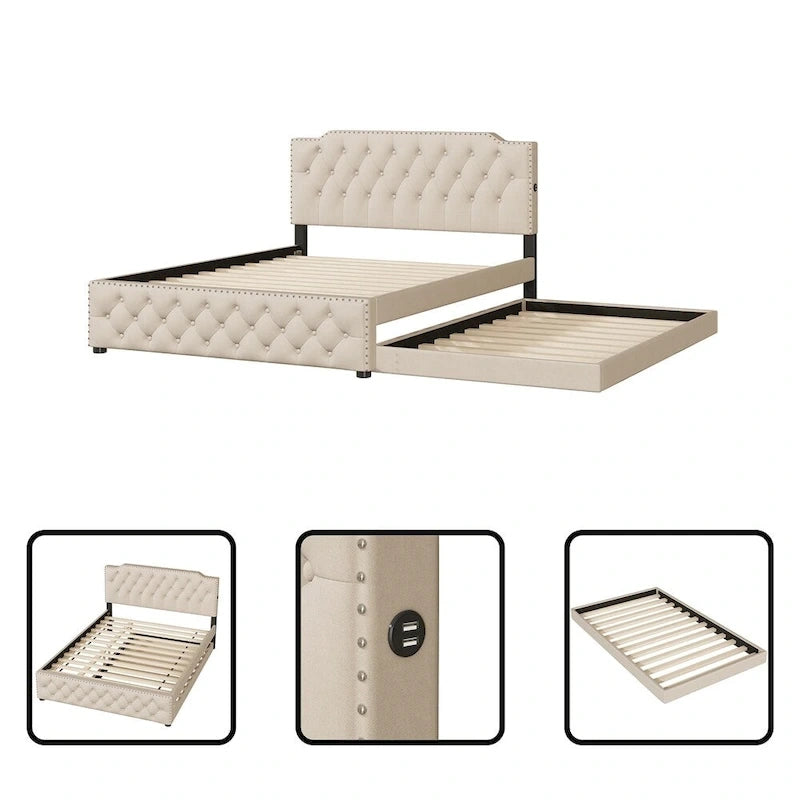Cama con plataforma, cama nido y 2 puertos USB a cada lado